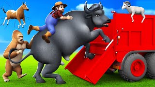 Giant Buffalo Rescued and Transport in Big Truck - Farm Animals Heroes Cow Horse Pig Gorilla