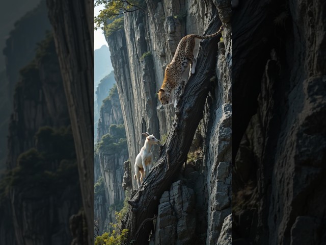 Baby Mountain Goat Faces Leopard on a Narrow Bridge 😱🐏🐆#MountainGoat #Leopard #MaternalLove