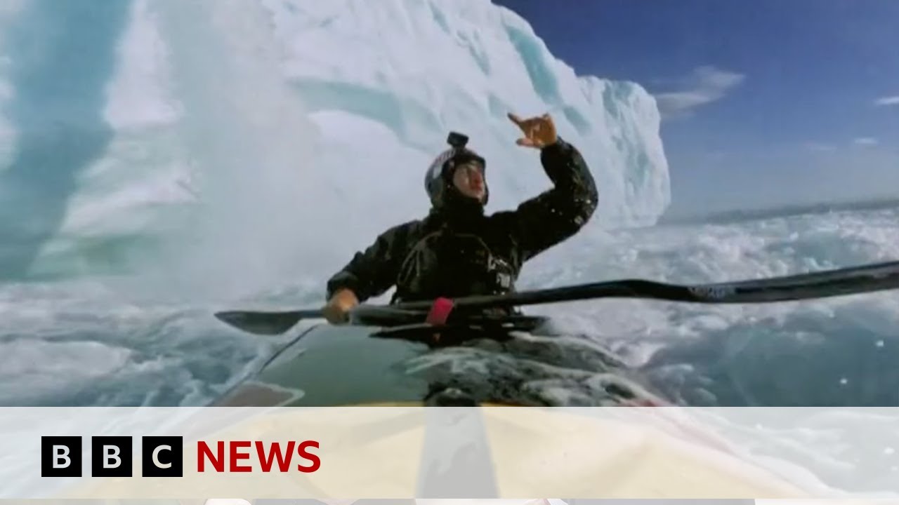Kayaker's breathtaking 20m drop down ice waterfall in Norway | BBC News