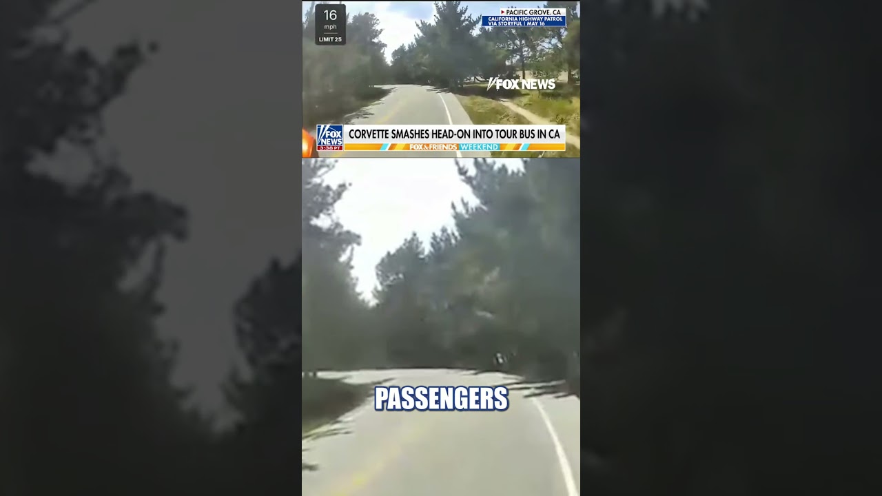 SEE IT: Corvette SLAMS into tour bus head-on in California #foxnews #news #crash #california