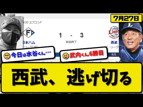 【3位vs6位】西武ライオンズが日本ハムファイターズに3-1で勝利…7月27日逃げ切る…先発武内6.2回1失点6勝目…西川&山村&外崎が活躍【最新・反応集・なんJ・2ch】プロ野球