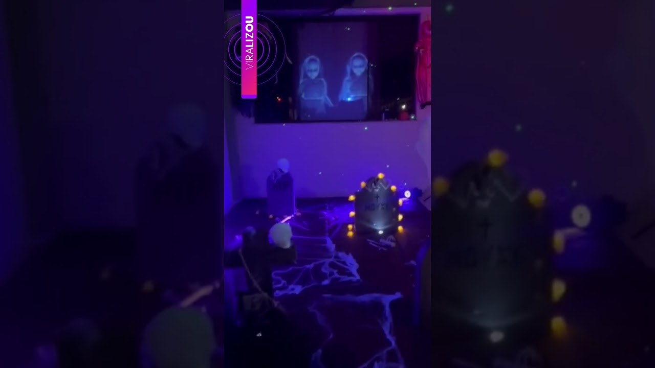 Decoração de Halloween transforma garagem de casa em cemitério