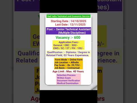 RITES 600 Senior Technical Assistant Vacancy Online Form 2025 | Rail India Technical Vacancy | Rail