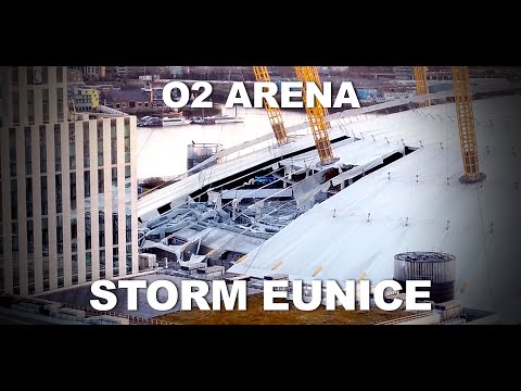 O2 Arena roof Ripped Off by Storm Eunice - London Drone video