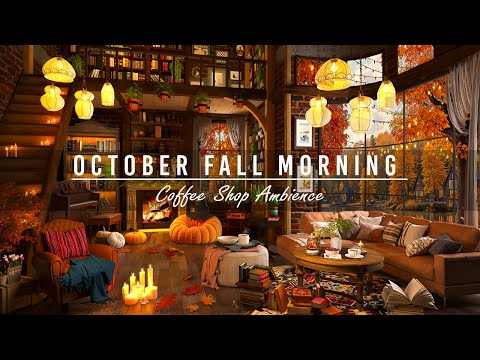 Smooth Jazz Instrumental Music at Bookstore Cafe Ambience🍂Relaxing October Fall Morning for Working