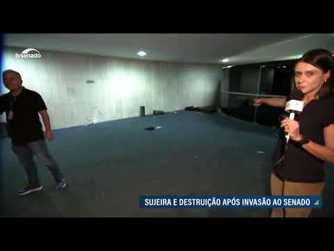 Sujeira e destruição após invasão ao Senado