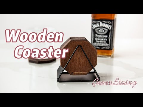 Hand crafted wood coasters for drinks with holder.