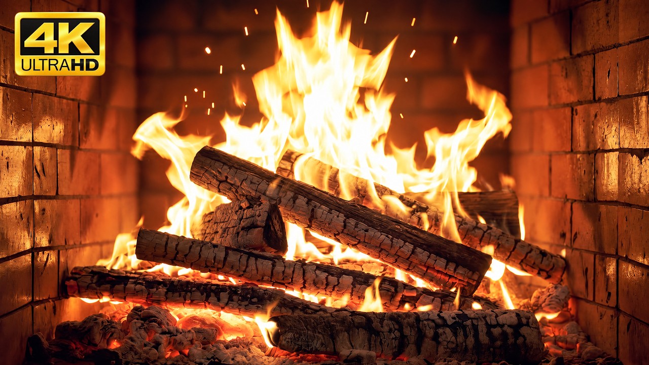 🔥 Classic Crackling Fireplace for a Peaceful Holiday Evening with Steady Flames and Burning Logs