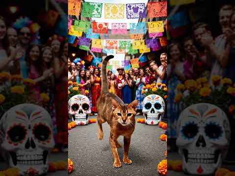 Abyssinian Cat Rocks Day of the Dead with Classic Rock’n’Roll Moves! 🐱💃🌼 #prompt #cat