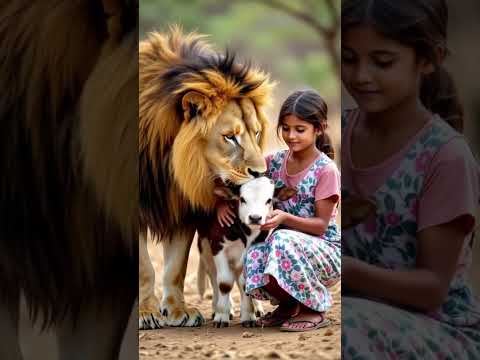 Village girl with cow and lion #shortsvideo #shorts #shortvideo #wildlife