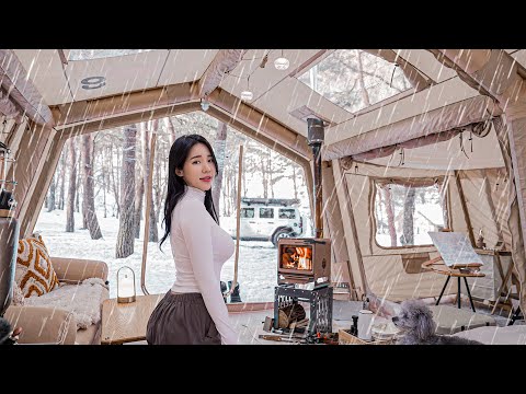 CAMPING IN A SNOWY FIELD WITH A 4-ROOM INFLATABLE TENTㅣCOZY ASMRㅣRELAXING CAMP