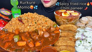 ASMR EATING SPICY FRIEDRICE,CHILLI PANEER,SOUPY NOODLES,MALAI MOMO,KURKURE MOMO,LAYS