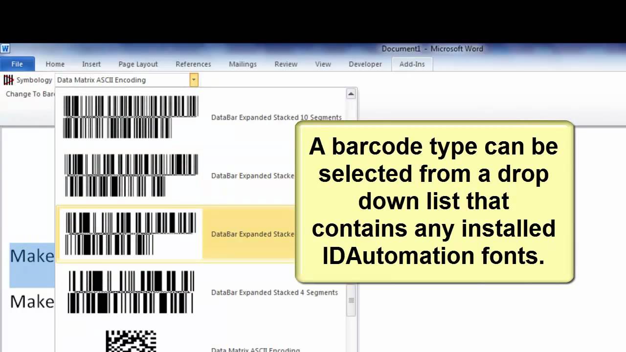 How To Create Barcodes In Microsoft Word Using Barcode Fonts And Microsoft Office Add In Youtube 0875