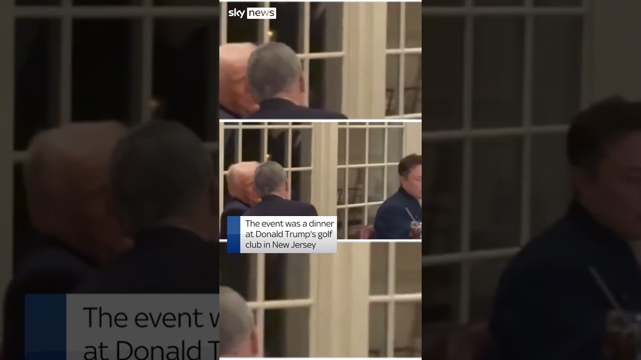 Musk balances cutlery on one finger while Trump has a chat during golf dinner