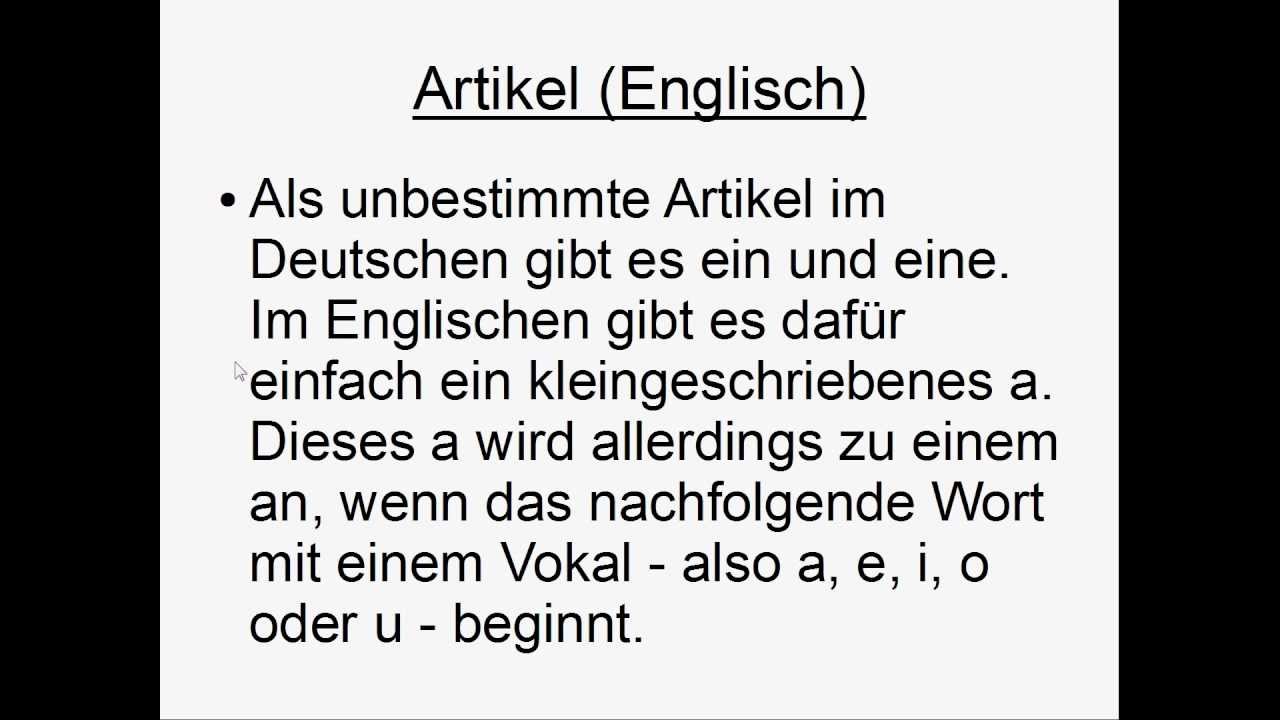 Bestimmter Und Unbestimmter Artikel Englisch