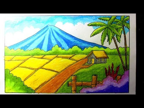 Lihat Mewarnai Gradasi Crayon Pemandangan Sawah Gunung 