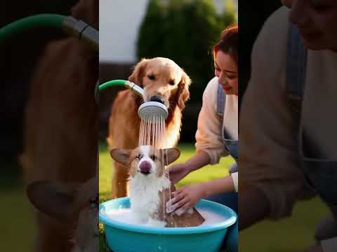 When the Big Dog “Helps” with Bath TimeChaos Happens! 🐶💦👉🐶💦 大きな犬が「お手伝い」したら…大混乱になっちゃった！#cutepets #cat