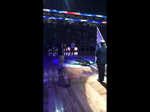 Stanaj singing the national anthem at the Celtics game