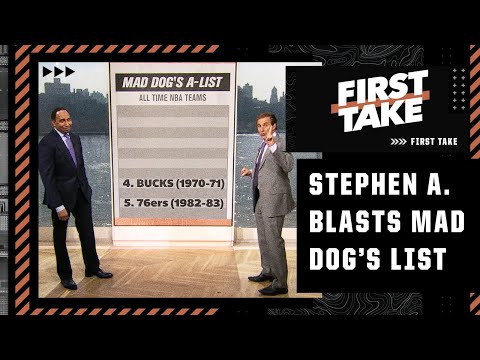 Stephen A. laughs at Mad Dog Russo's list of the Top 5️⃣ NBA teams of all time  | First Take video clip