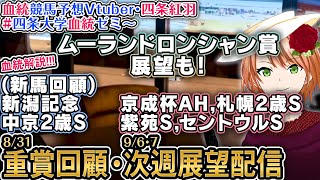 海外G1展望「ムーランドロンシャン賞」重賞展望「京成杯AH,札幌2歳S,紫苑S,セントウルS」重賞回顧「新潟記念,中京2歳S」注目新馬戦回顧
