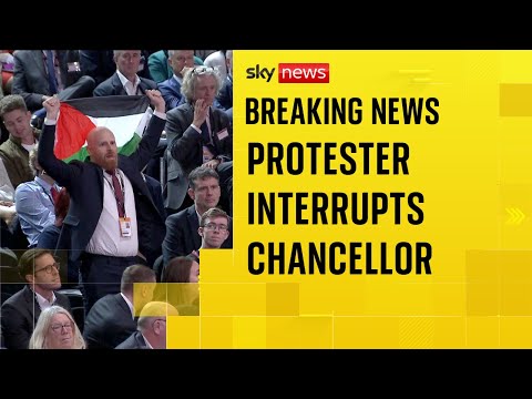 BREAKING: Pro-Palestine protester interrupts chancellor's keynote conference speech