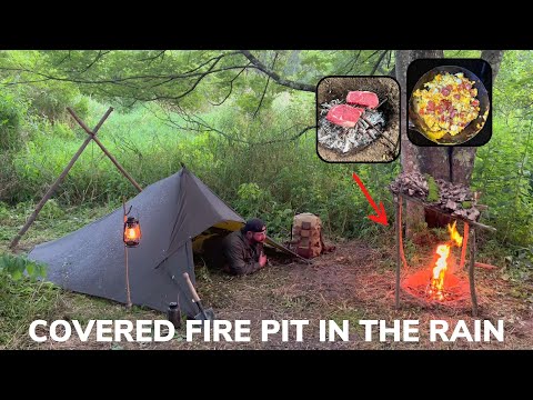 Solo Overnight Building a Tarp Tent and Covered Firepit in The Rain and Campfire Ribeye Steak
