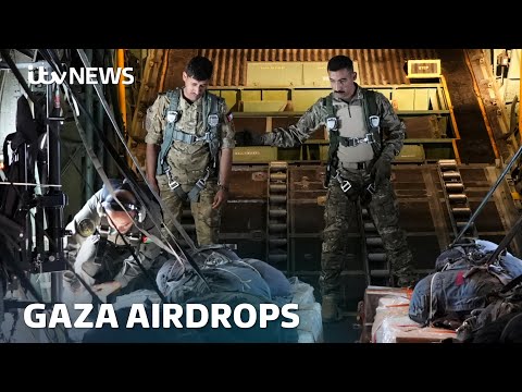 Gaza aid drops: 'Chancing the waves' for a packet of biscuits | ITV News