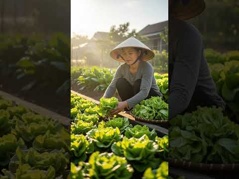 Người phụ nữ việt nam thu hoạch rau diếp trong vườn nhà, ánh sáng ban mai rực rỡ.