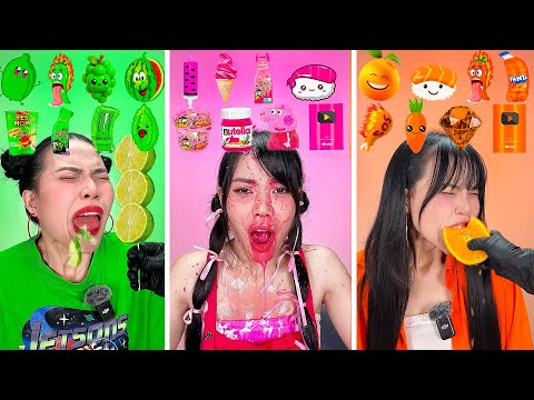 PINK vs GREEN vs ORANGE FOOD | Eating Only Color Food for 24 Hours 🌷🍋🟩🧡