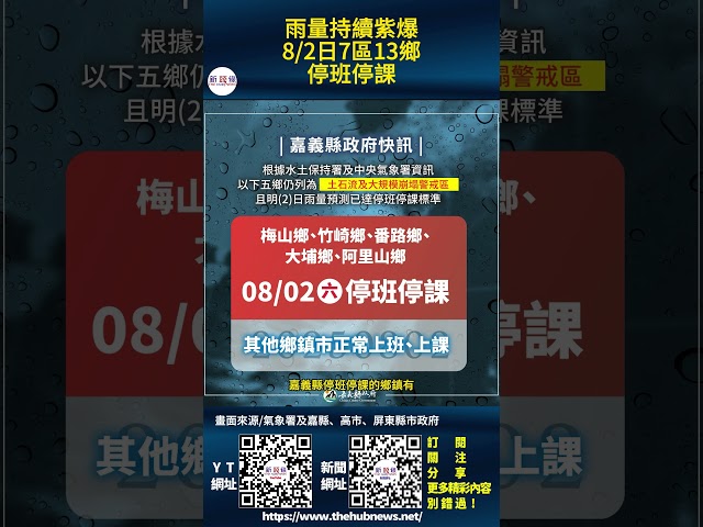 影音/雨量持續紫爆 8/2日7區13鄉停班停課