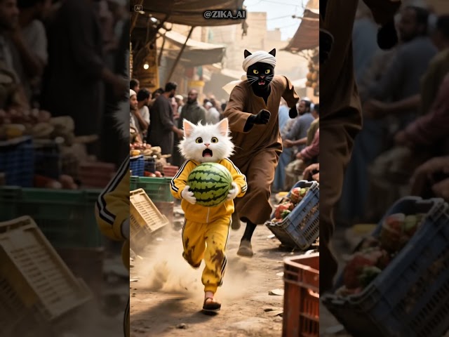 "شوف القط مياو عمل إيه لما البطيخة اتكسرت منه!" 😰💔 #shorts #ai #cat #viral