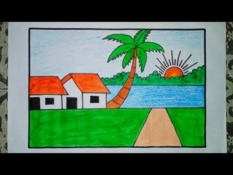 Simple village scenery drawing. Easy pencil sketch for beginners. #drawing #landscapedrawing #art