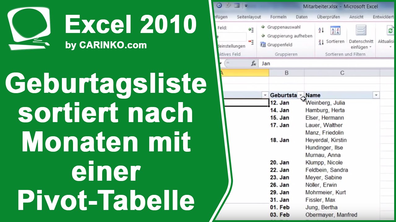 Geburtstagsliste in Excel 2010 sortiert nach Monaten mit Pivot-Tabelle - Tutorial von www.1-bit 