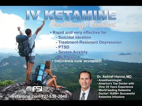 Dr. Ashraf Hanna talks about his successful treatment of Depression Patients with IV Ketamine. CNN recently broadcast a report highlighting Ketamine as a 'life saving shot' for those patients that have tried traditional depression medications and are in desparate need of a fast acting, effective treatment. Insurance accepted! For more information, please visit www.ivketamine.com or call 727-538-2646 Dr. Ashraf Hanna talks about his successful treatment of Depression Patients with IV Ketamine. CNN recently broadcast a report highlighting Ketamine as a 'life saving shot' for those patients that have tried traditional depression medications and are in desparate need of a fast acting, effective treatment. Insurance accepted! For more information, please visit www.ivketamine.com or call 727-538-2646