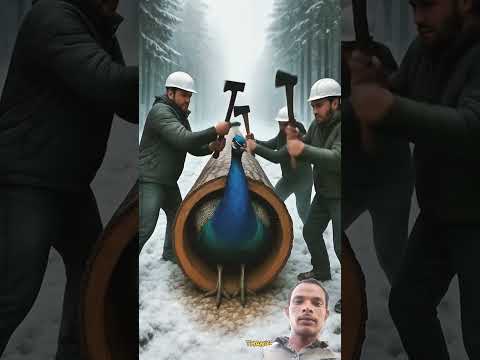 Three lumberjacks mens rescued a mother peacock with There  childrens from the tree log 🪵😍 #like