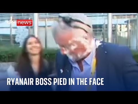 Ryanair boss Michael O'Leary pied in the face by protesters