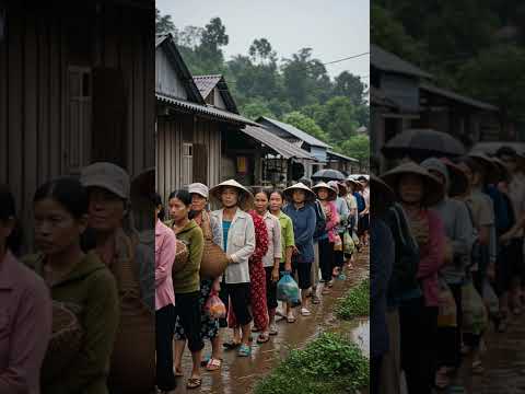 Người dân xếp hàng nhận hàng cứu trợ trong mưa phùn sau mưa lũ 2025