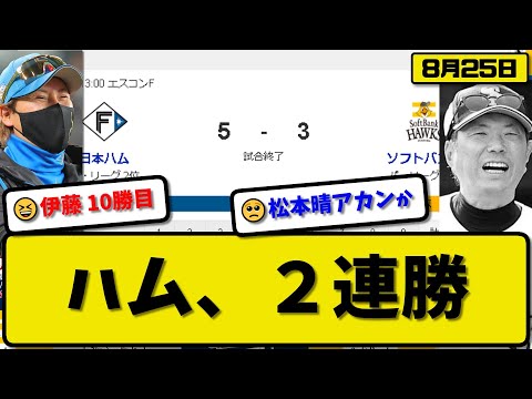 【1位vs2位】日本ハムファイターズがソフトバンクホークスに5-3で勝利…8月25日逃げ切り2連勝で貯金13…先発伊藤5回3失点10勝目…レイエス&上川畑&清宮が活躍【最新・反応集・なんJ・2ch】