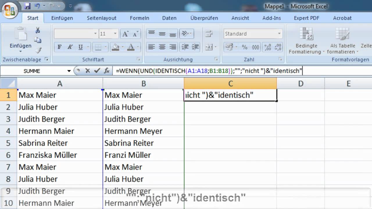 Excel 2007 - Zwei Spalten Per Formel Vergleichen - YouTube