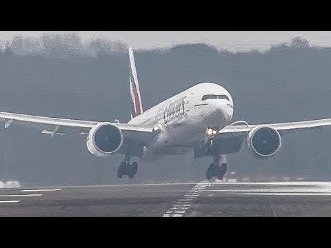 Lotnisko w Dusseldorfie podczas silnego wiatru. Samoloty: Boeing 777, Airbus A340, A330. Czy maszyny wyjdą z tej próby zwycięsko?