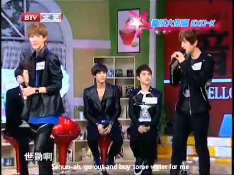 Sehun hitting his hyungs (Suho, Baekhyun & Kai) xD