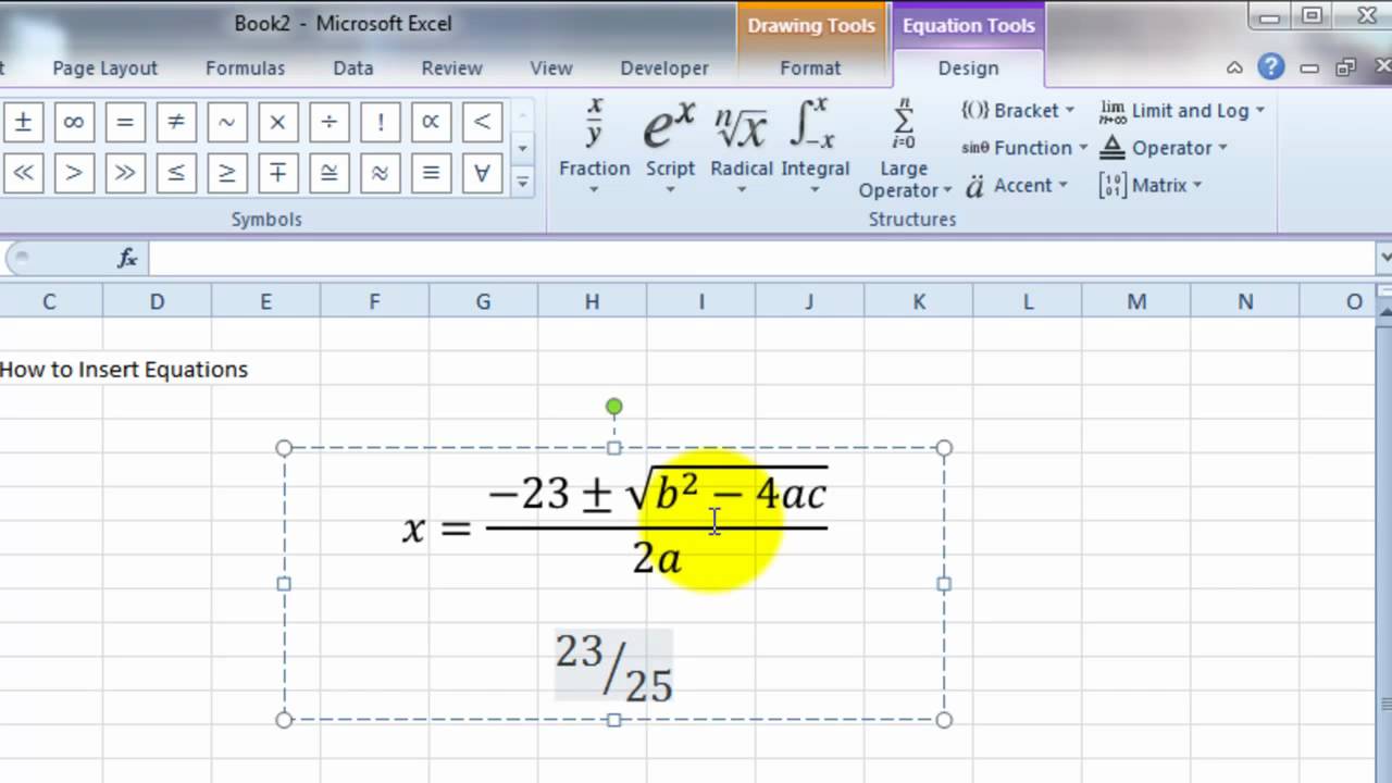 Videoexcel How To Insert Equations In Excel 2010 Youtube 9188