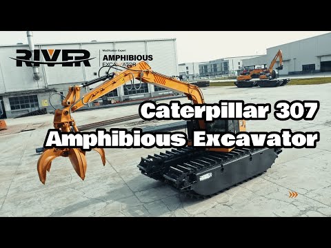 Grab Bucket Attachment Mounted on Caterpillar 307 Amphibious Excavator