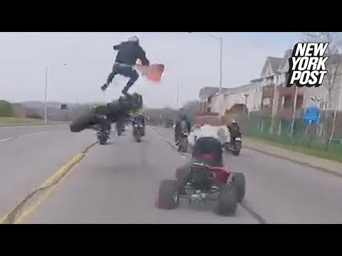 Failed motorcycle stunt sends the rider flying Failed motorcycle stunt sends the rider flying