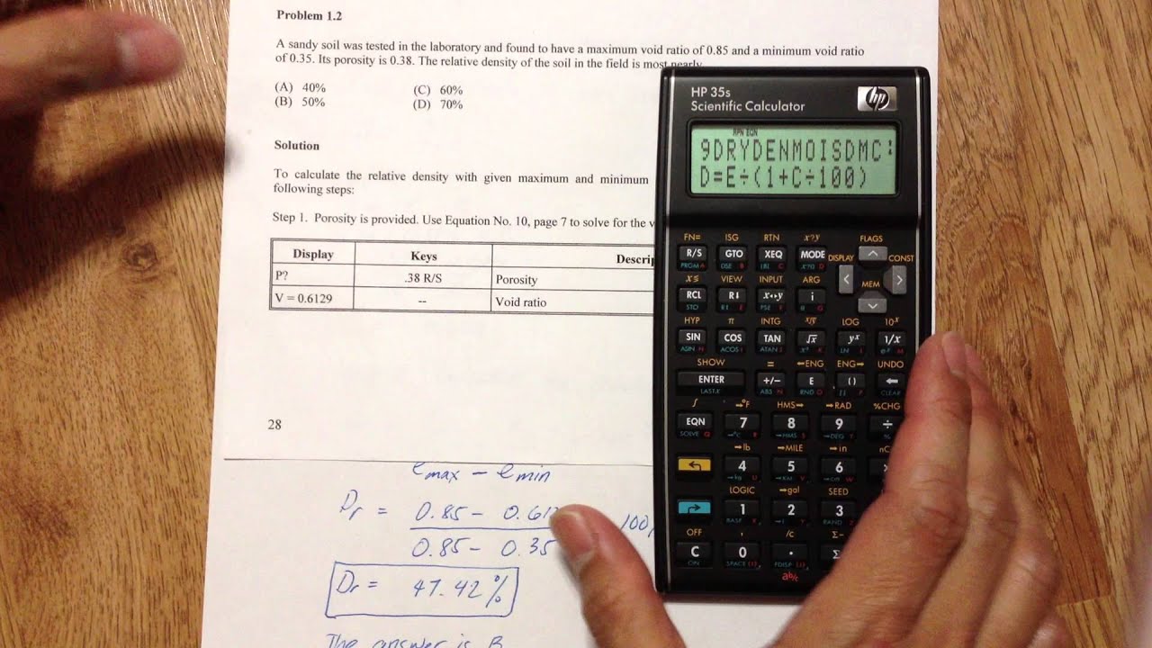 Tutorial on how to calculate relative density with void ratios using hp 35s youtube