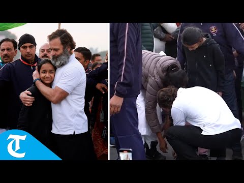 Rahul Gandhi ties a shoe lace of a girl during yatra in Jammu; video wins hearts