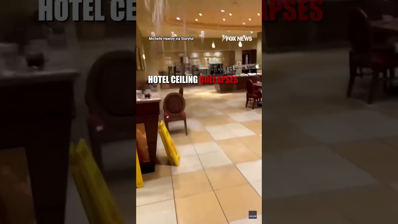 'THAT SUCKS': Wild video shows hotel ceiling collapse as guests eat in the lobby