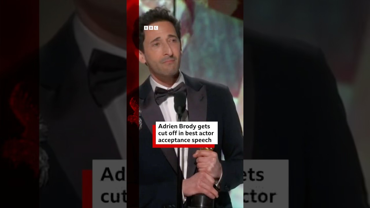 Adrien Brody gets cut off in Oscars best actor acceptance speech. #TheBrutalist #BBCNews