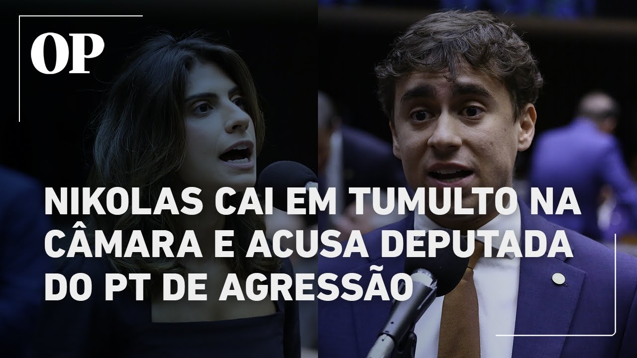 Nikolas Ferreira cai no chão durante tumulto na Câmara e acusa deputada do PT de agressão