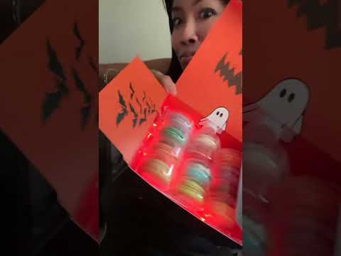 Hand-crafted Halloween macarons in a glowing LED box — gluten-free, festive, and made with real